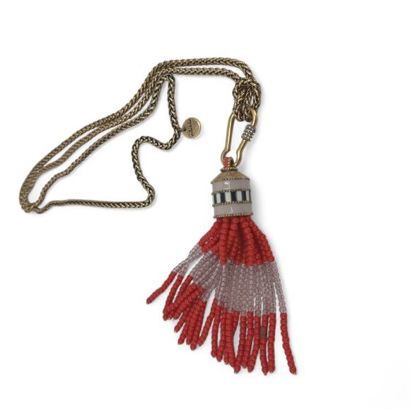 Stella and Dot Retired Brio Necklace Coral Red Beaded Tassel Fancy Chain - Picture 6 of 8